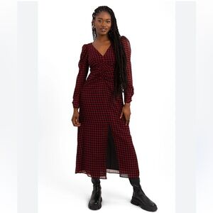 TopShop Ruched Front Midi Dress in Red and Black Gingham Slit Long Sleeve Size 6